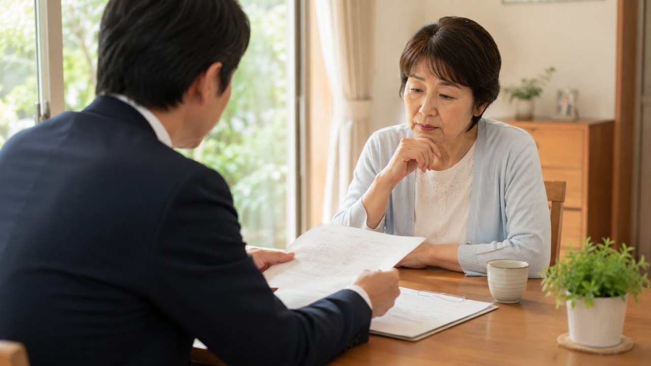 保険の見直しを勧める担当者の説明を、考えこみながら聞く高齢女性