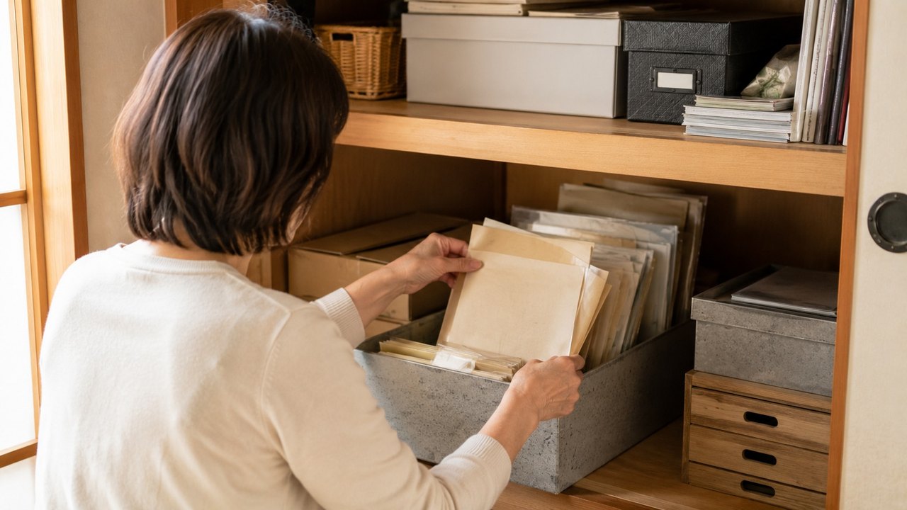 棚から古い書類箱を取り出して親の保険証券を探す女性
