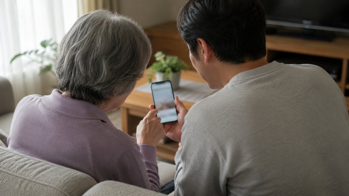 親子でスマートフォンを見ながら解体業者の口コミを調べる様子