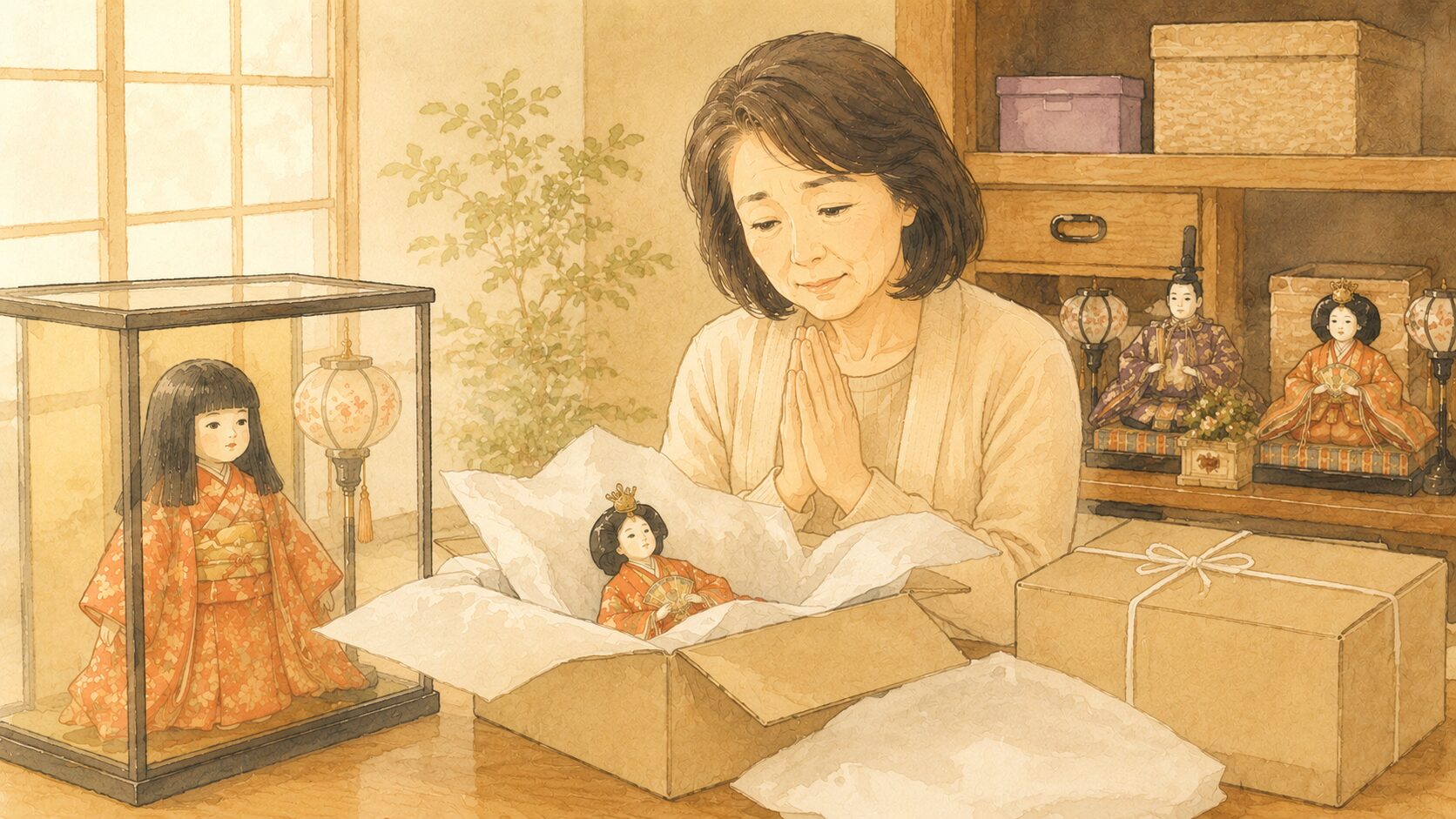人形を箱に丁寧に納め、感謝して手を合わせ供養の準備をする女性のイラスト