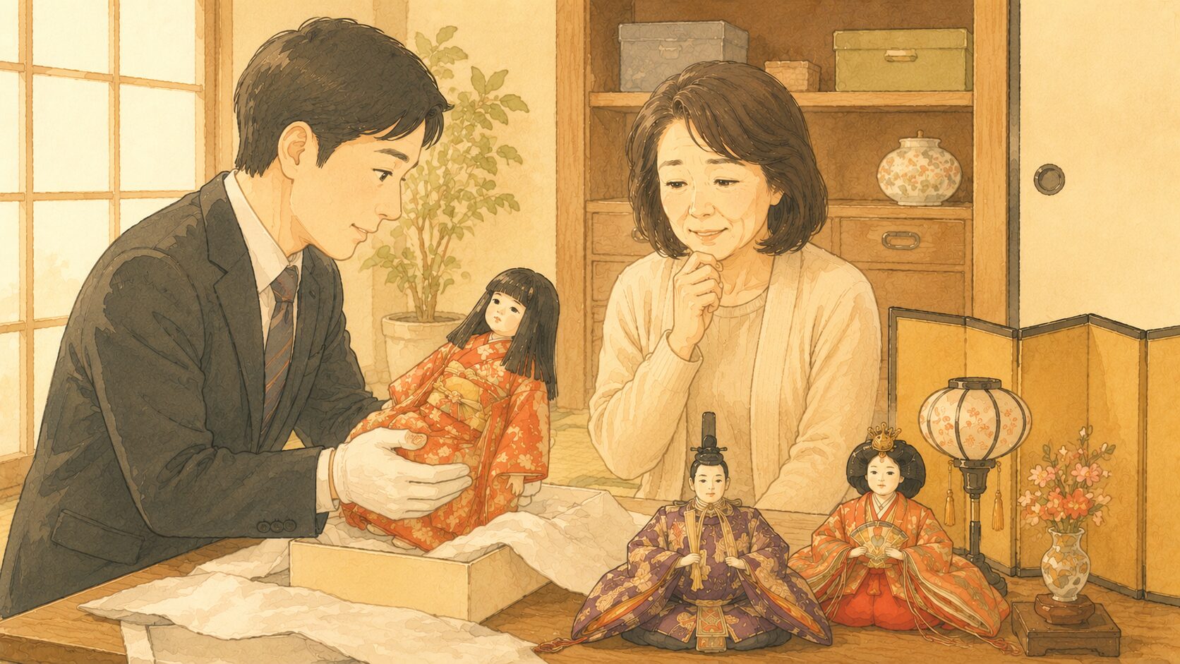 出張買取のスタッフが白手袋で日本人形を丁寧に査定し、女性が見守るイラスト