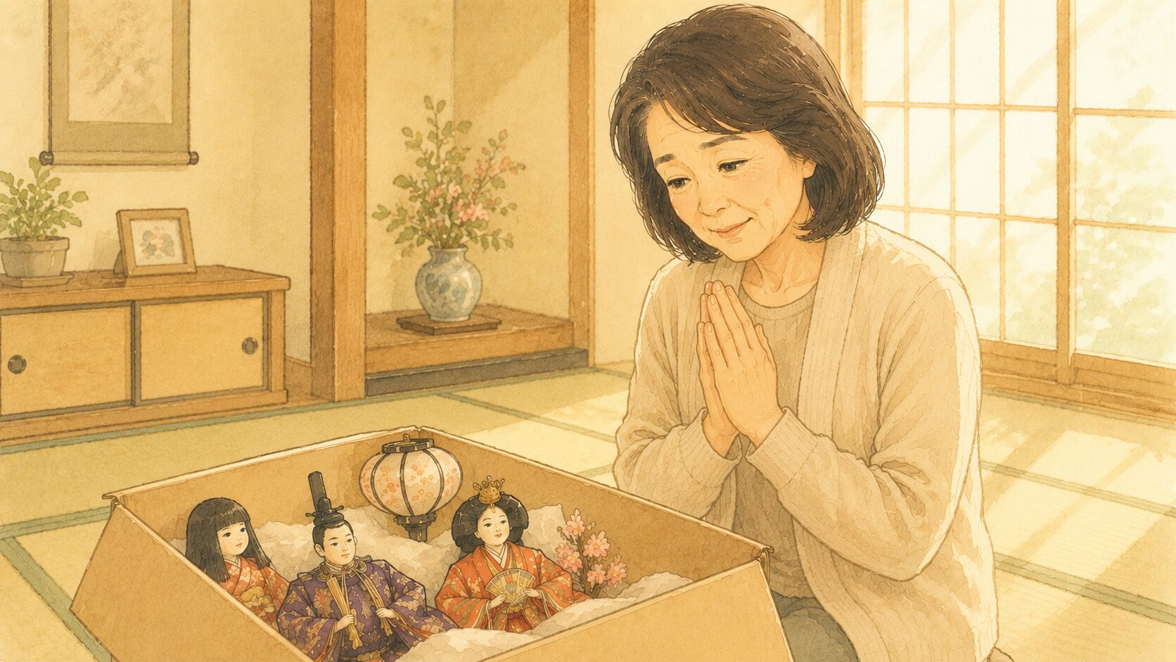 箱に納めた雛人形に「ありがとう」と手を合わせて見送る女性のイラスト