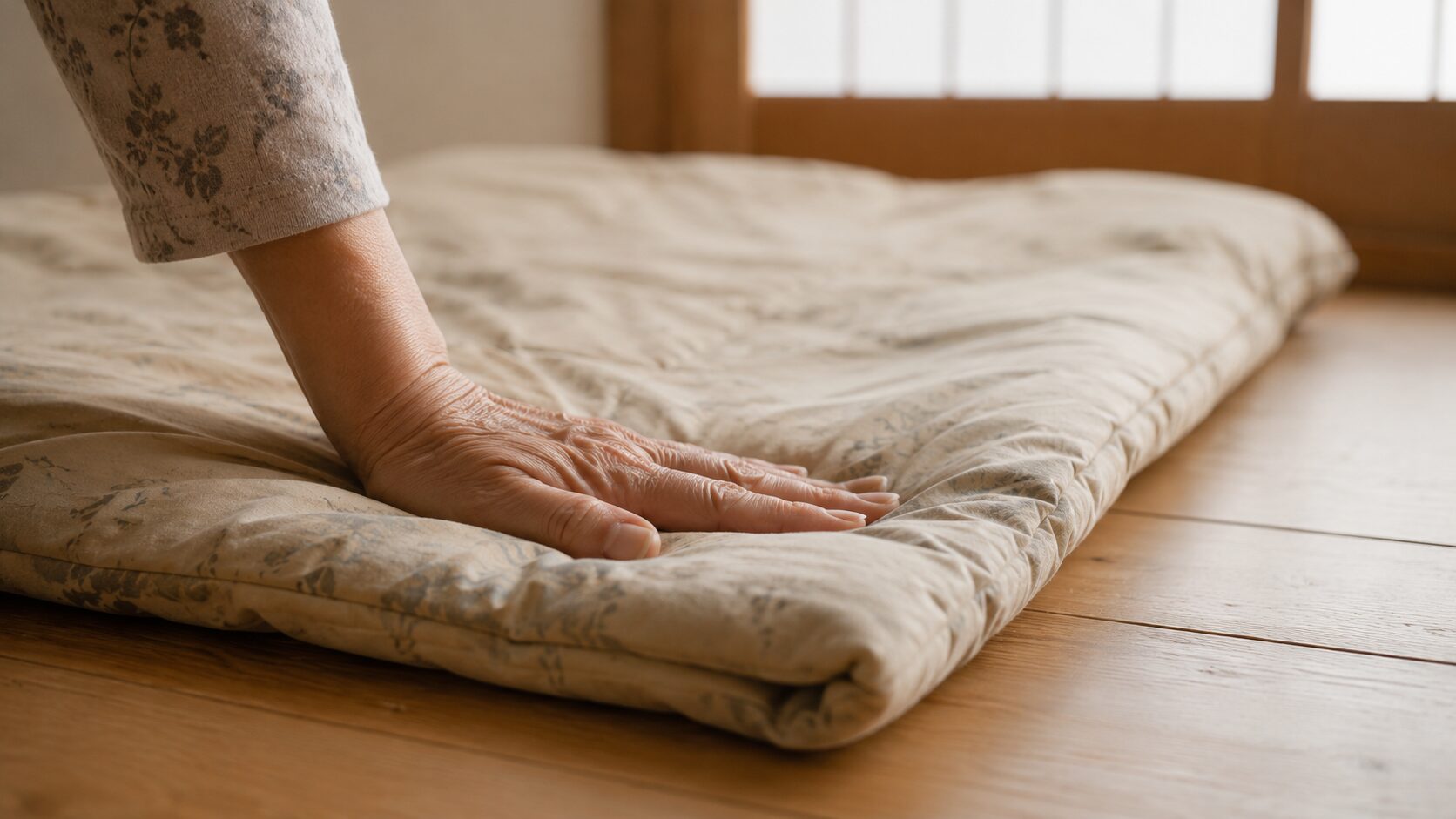 薄くへたったせんべい布団を手で押すと床の硬さが返ってくる