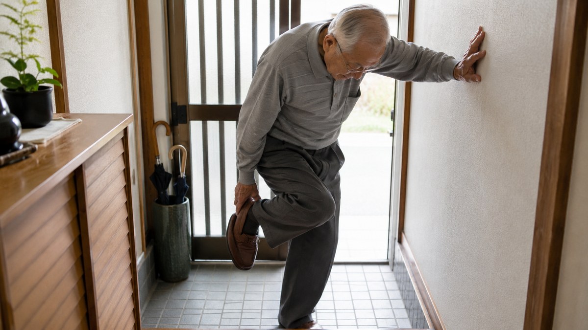 玄関で立ったまま靴を履こうとして片足立ちになり、壁に手をついてふらつく80代の男性