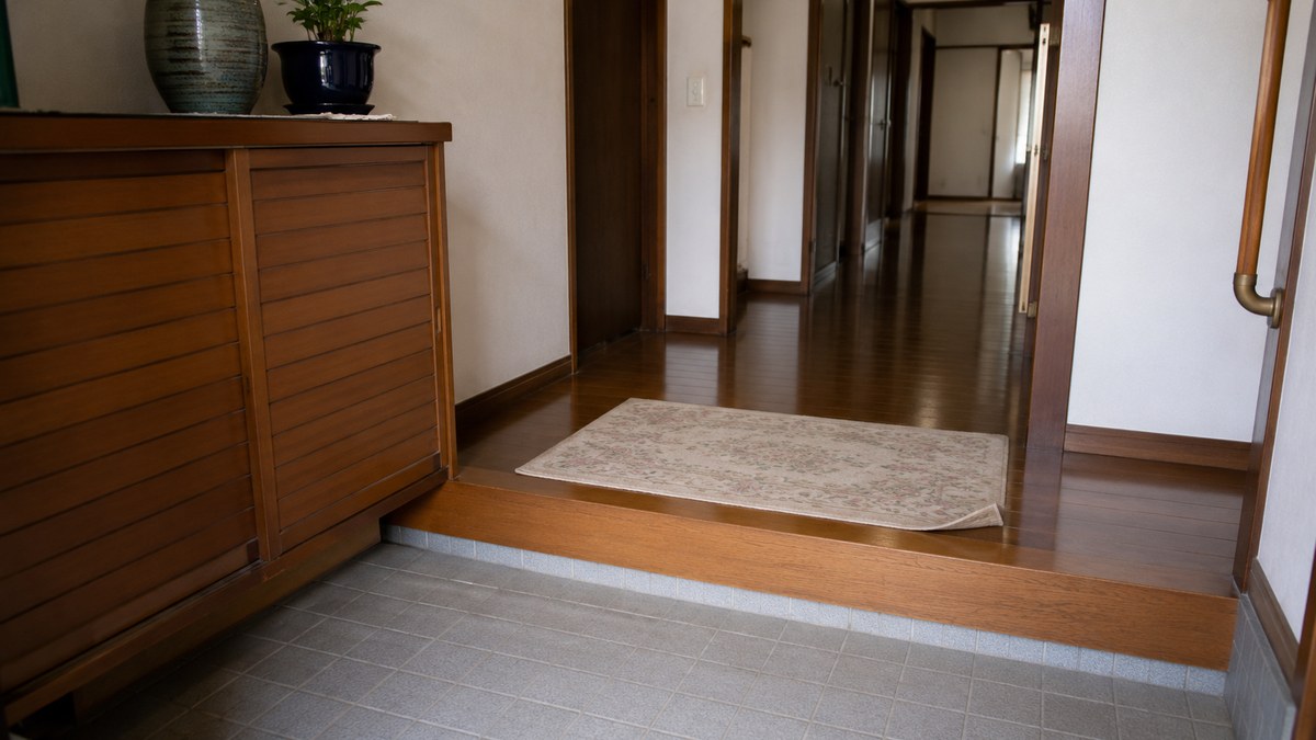 ふちがめくれた玄関マット。つま先が引っかかり玄関の転倒の原因になる