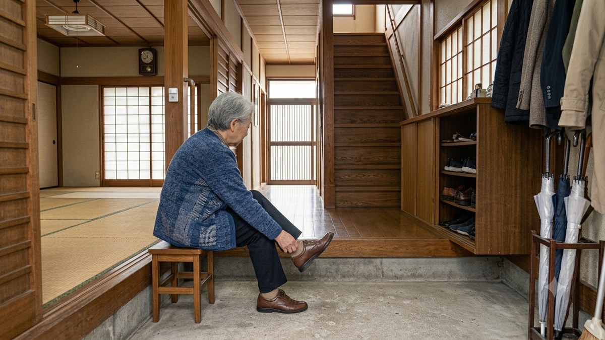 玄関で椅子に座って靴を履く80代の女性。座って履けば片足立ちがなくなる