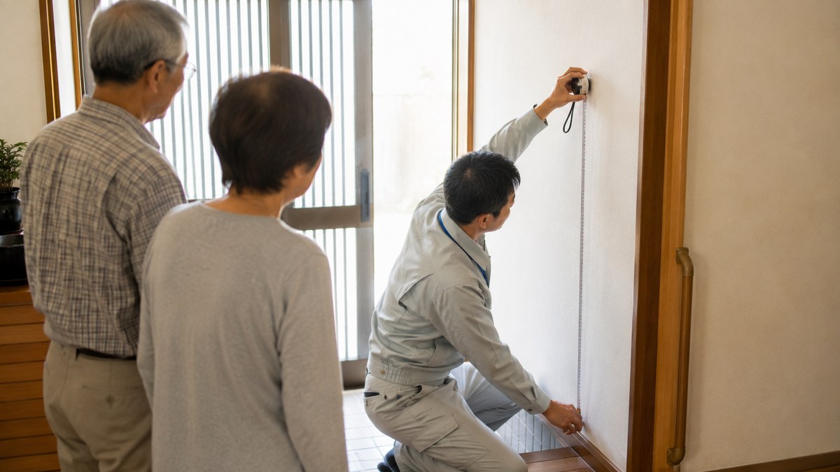 玄関の手すり工事のために壁を採寸するリフォーム業者と説明を聞く高齢の夫婦