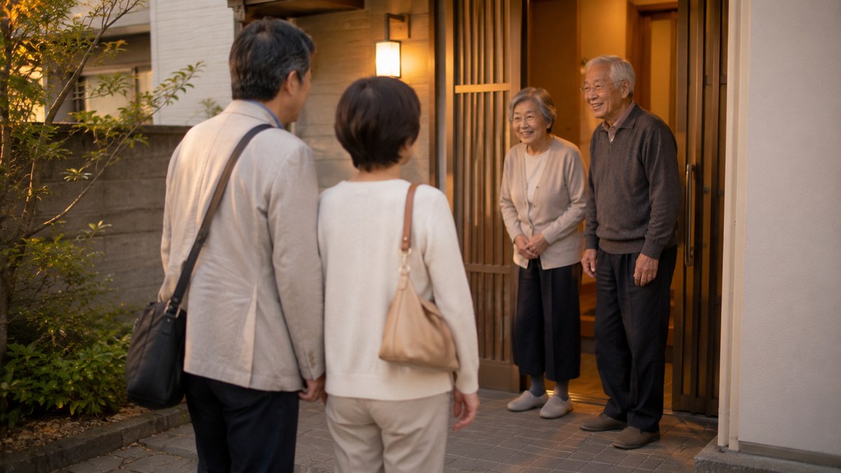 夕方の玄関先で家族を迎える高齢の両親