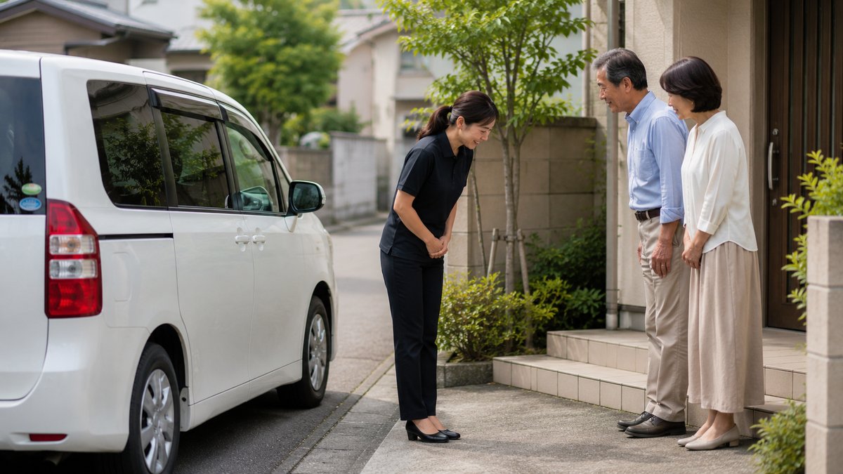出張ペット火葬のイメージ。無地の火葬車で自宅を訪問しスタッフが挨拶する様子