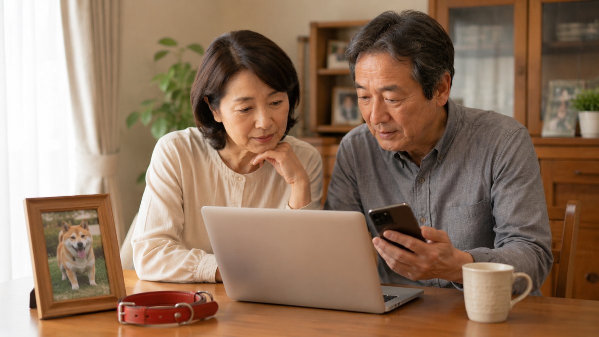 ペット火葬ハピネスの口コミと評判をパソコンとスマホで調べる夫婦