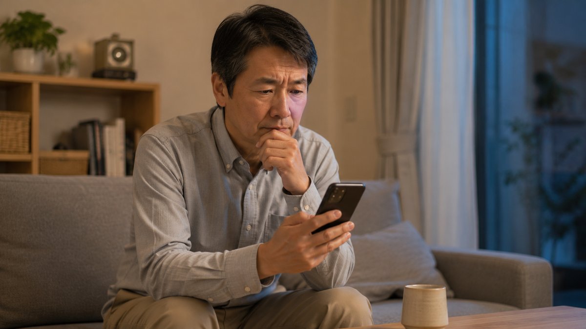 「遺品整理110番はやばい？」とスマホで口コミを調べて不安そうな男性