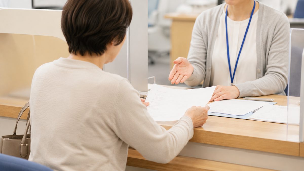 ハローワークの窓口で失業手当について相談する女性