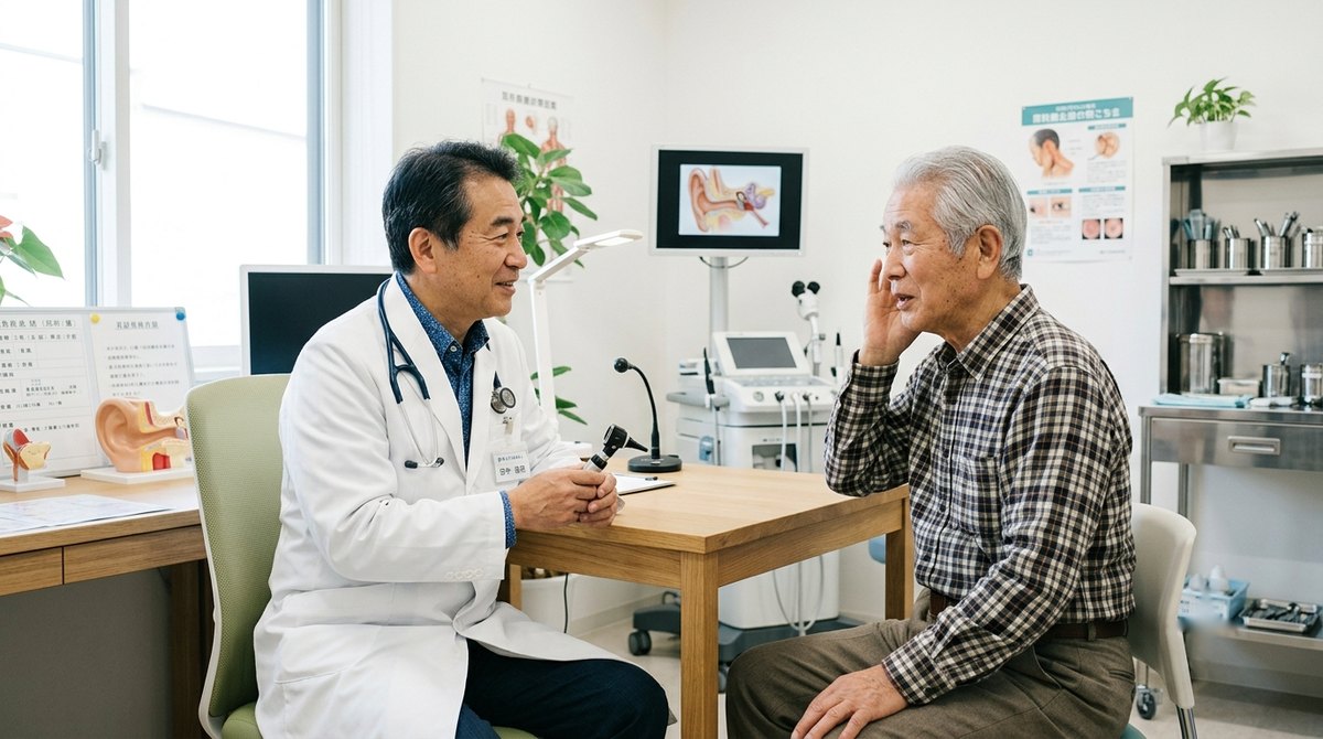 耳鼻科で医師に聞こえの相談をする高齢の男性