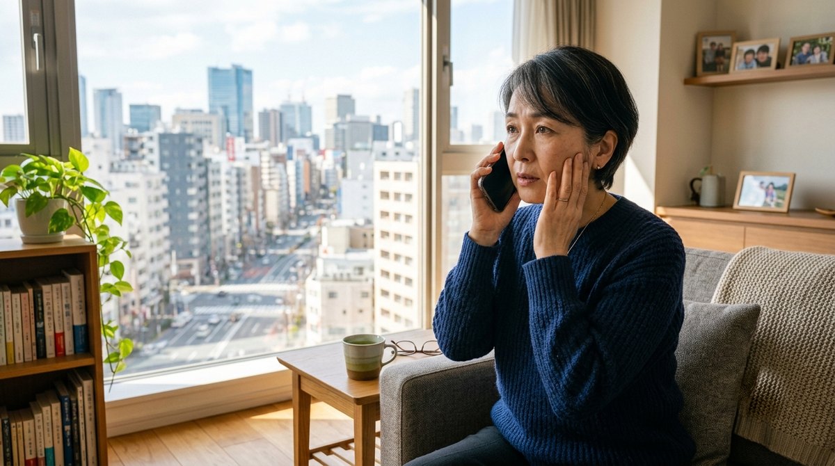 離れて暮らす親を気づかいスマホで電話する家族