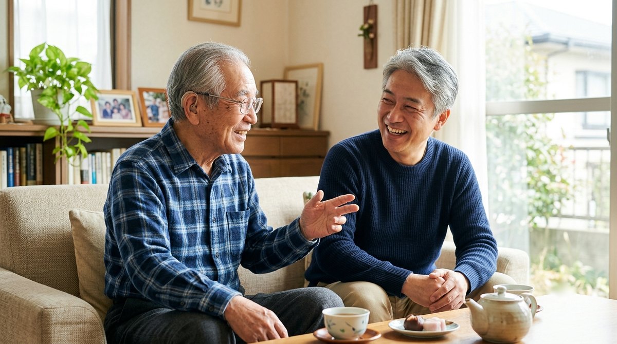 集音器をつけて家族と笑顔で会話する高齢の男性