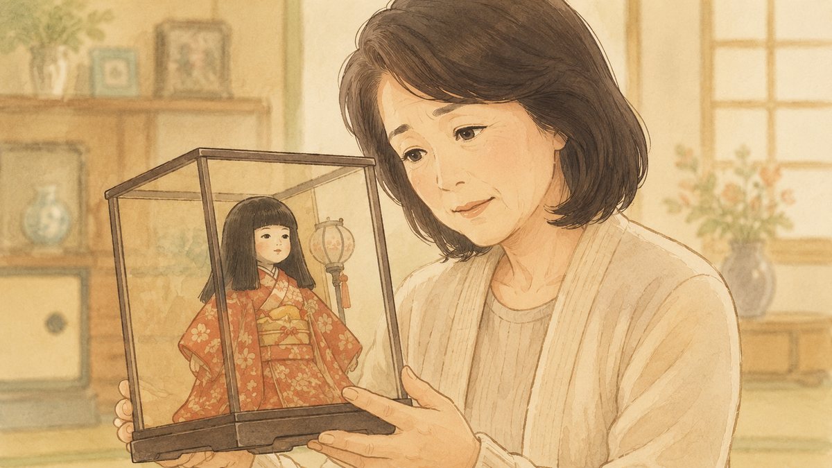 ガラスケースに入った日本人形を手に取り、そっと見つめる女性のイラスト