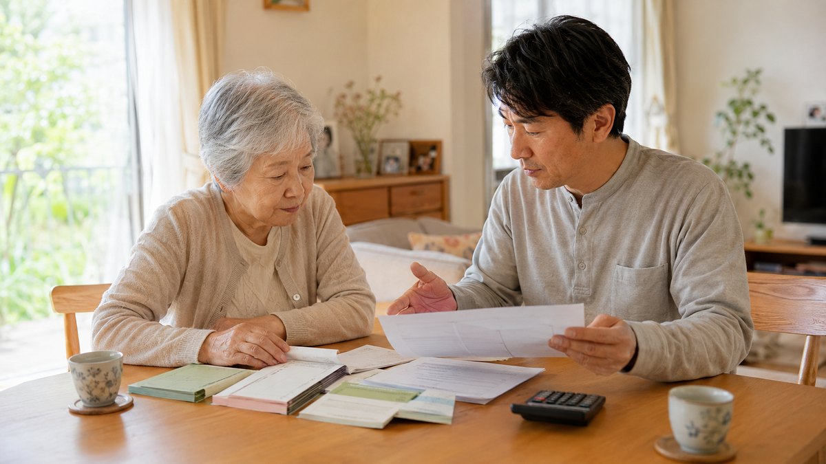 高齢の母と50代の息子が通帳と書類を見ながらNISAについて話し合う様子