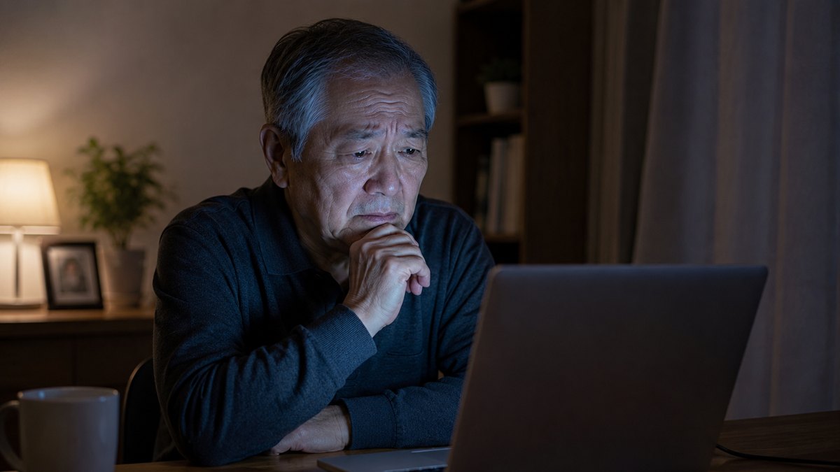 70代の男性が自宅のパソコンで運用状況を見て不安そうな表情を浮かべている