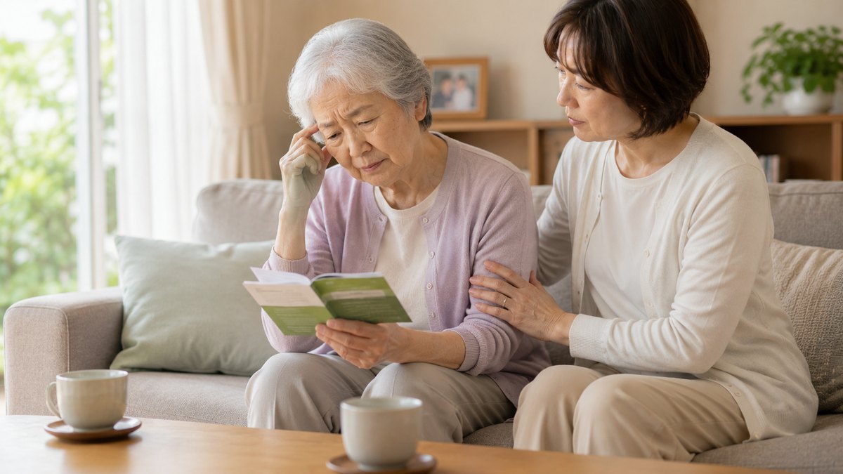 高齢の母が書類を読んで困った表情を浮かべ、娘がそっと肩に手を添えて寄り添う様子