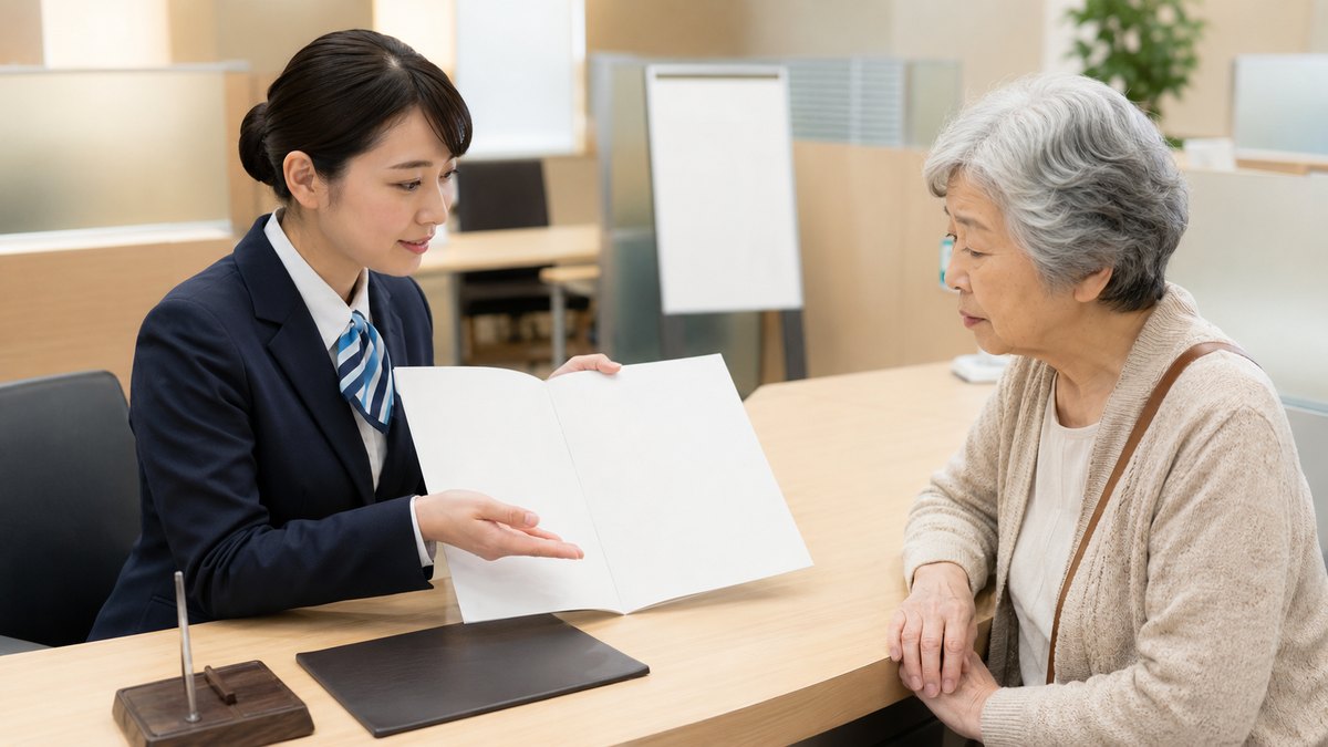金融機関の相談カウンターで女性スタッフから資料の説明を受ける70代の女性