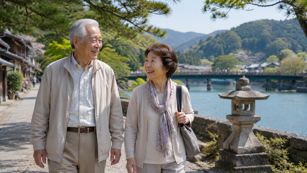 80代の夫婦が旅行先の川沿いの道を笑顔で歩いている様子