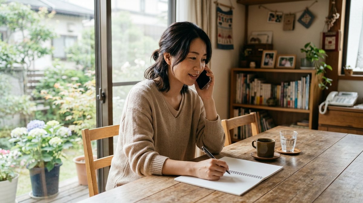 おみおくりペット火葬に電話して対応エリアと総額をメモで確認する女性
