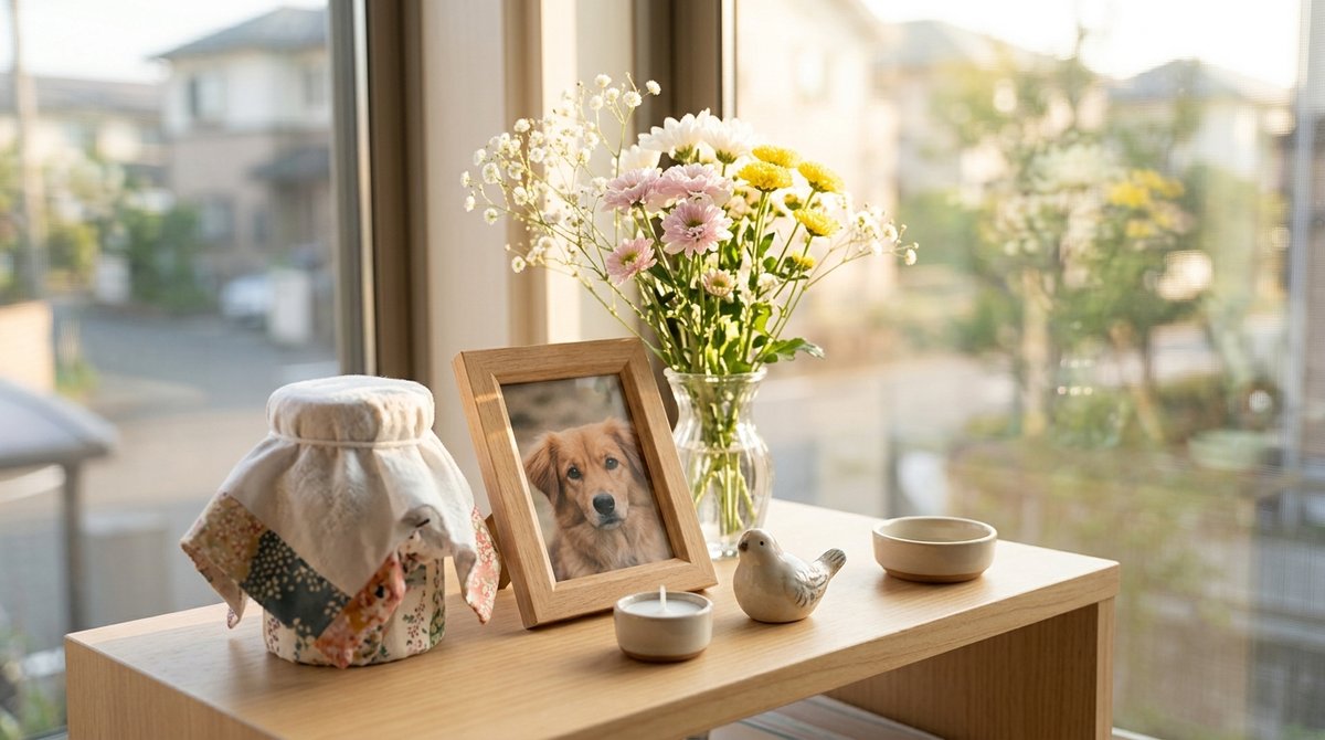 火葬後の手元供養のイメージ。骨壷カバーと犬の写真、供花