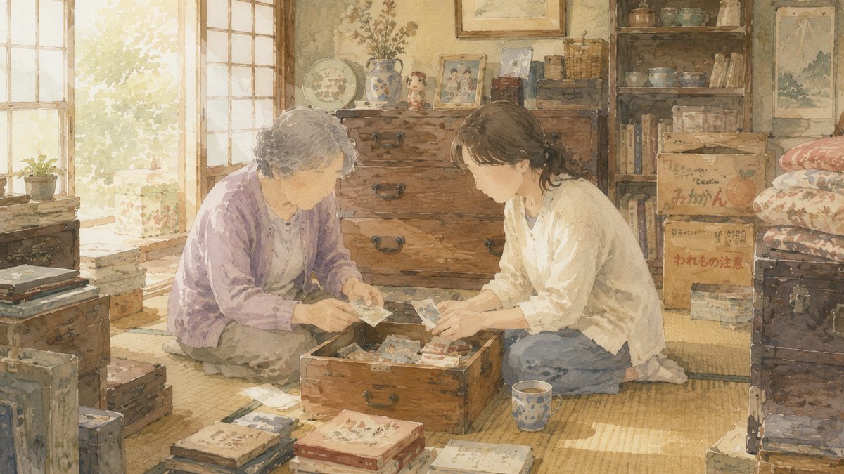 高齢の親と成人した子が畳の部屋で一緒に穏やかに引き出しの中身を片づけている様子