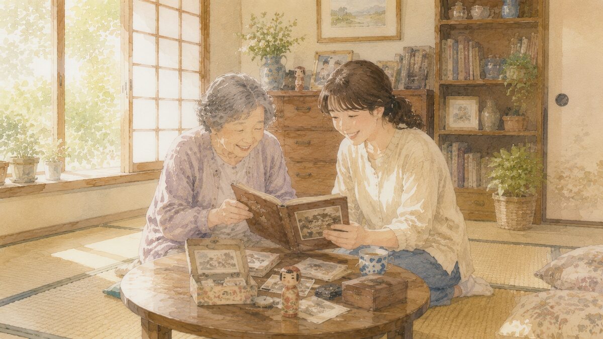 片づいた明るい和室で高齢の親と子が思い出の写真アルバムを手に取り笑顔で話す様子