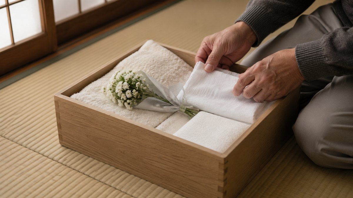 ペットが亡くなった後の安置の準備。タオルを敷いた木箱と白い花