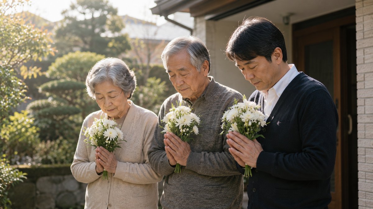 ペットとのお別れ。家族3人が白い花を手に静かに合掌して見送る