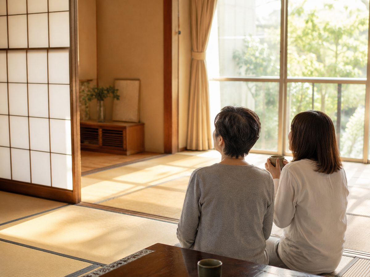片づけを終えてほっとする親子と片づいた和室