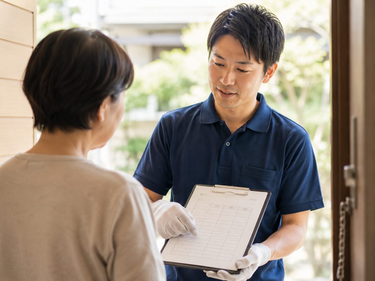 不用品回収の見積もりを説明するスタッフ