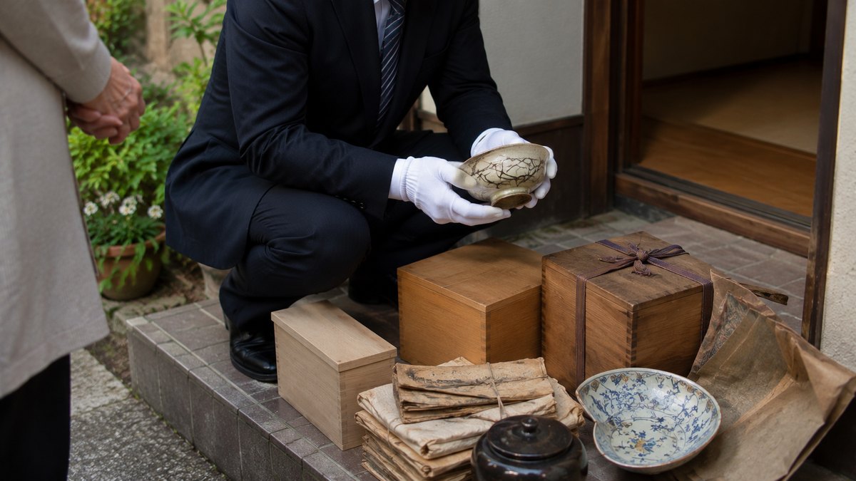 玄関先で白い手袋をした査定士が古い茶碗を手に取って見ている様子