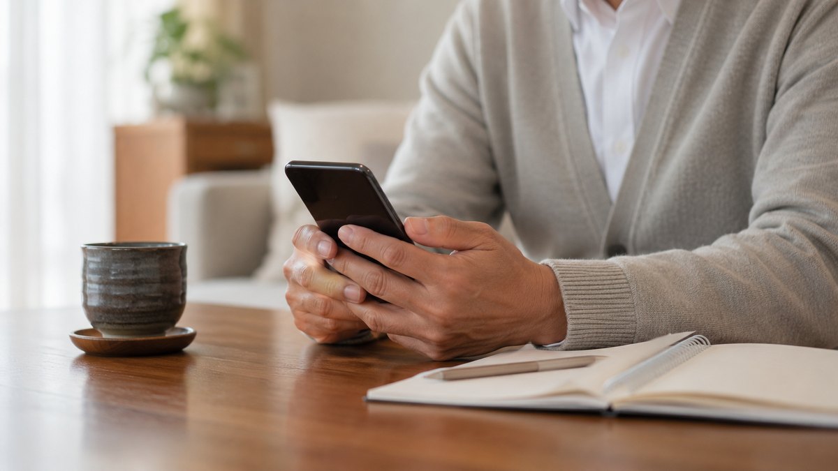 リビングでスマートフォンを持ち、買取業者の口コミを調べている手元