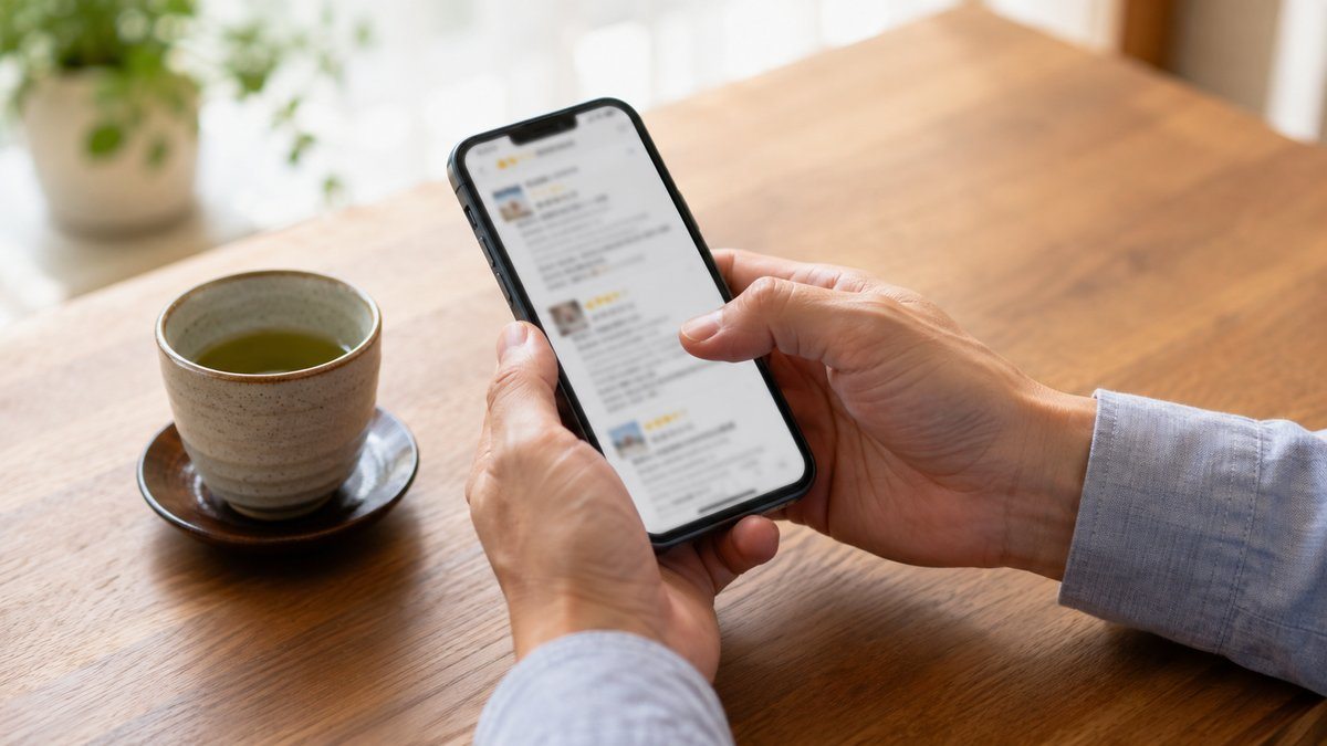 スマートフォンで口コミを確認する手元