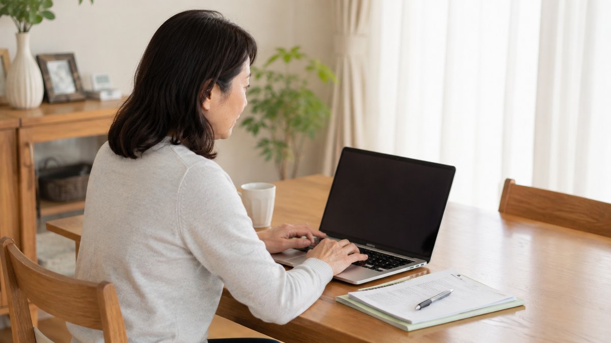 パソコンで介護施設の検索サイトを調べる女性