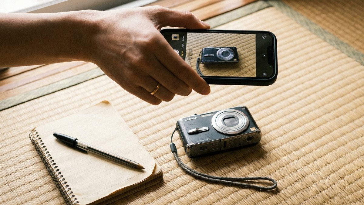畳の上の古いデジタルカメラをスマートフォンで撮影し、フリマアプリに出品する手元