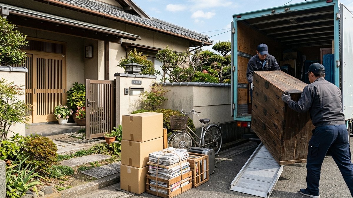 実家の玄関先で、不用品回収業者が大きな家具をトラックに積み込んでいる様子