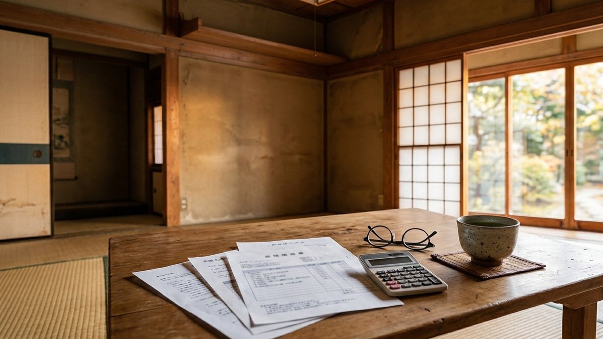 ちゃぶ台に置かれた不用品回収の見積書と電卓、老眼鏡