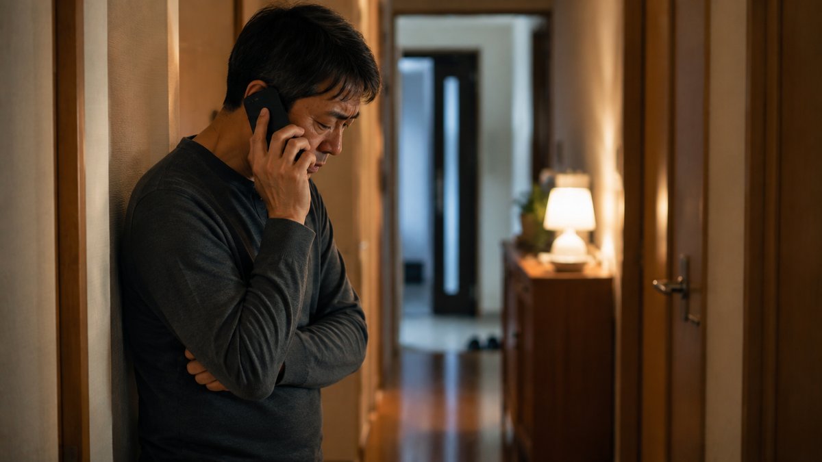 夕方の廊下で電話をしながら親の様子を心配する50代の男性