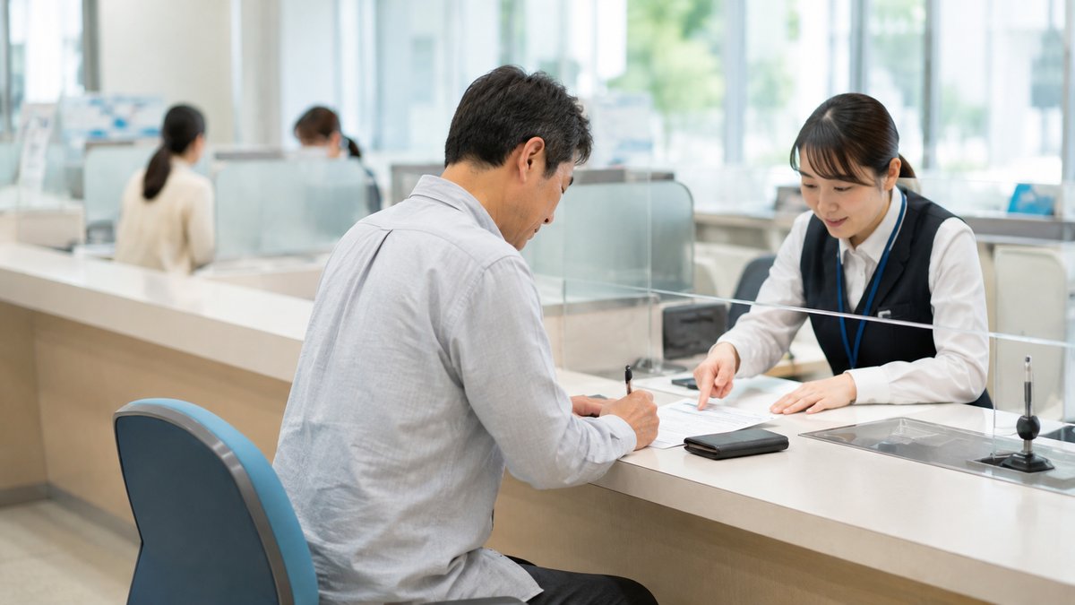 役所の窓口で介護保険の申請書類を記入する男性