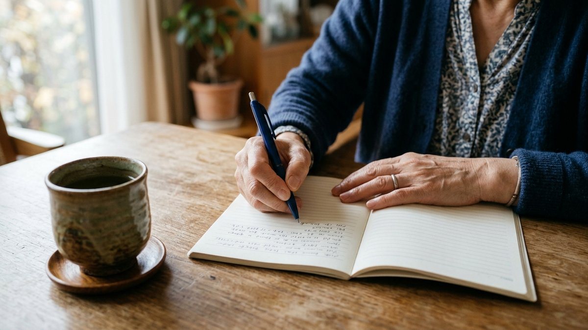 ノートに日々の様子を書き留める手元
