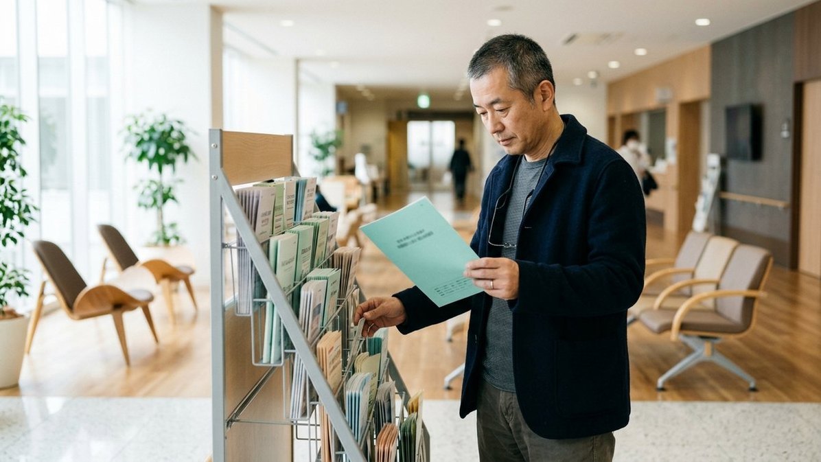 病院のロビーで施設のパンフレットを手に取る男性