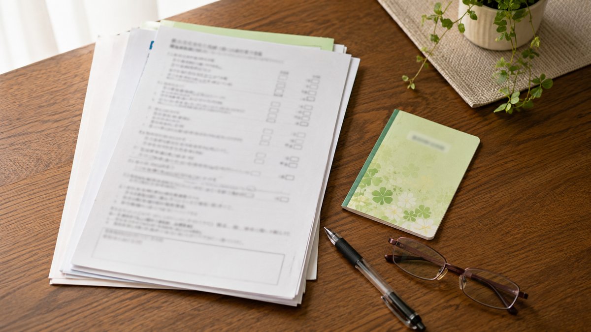 認定調査に向けて用意した書類とお薬手帳と老眼鏡