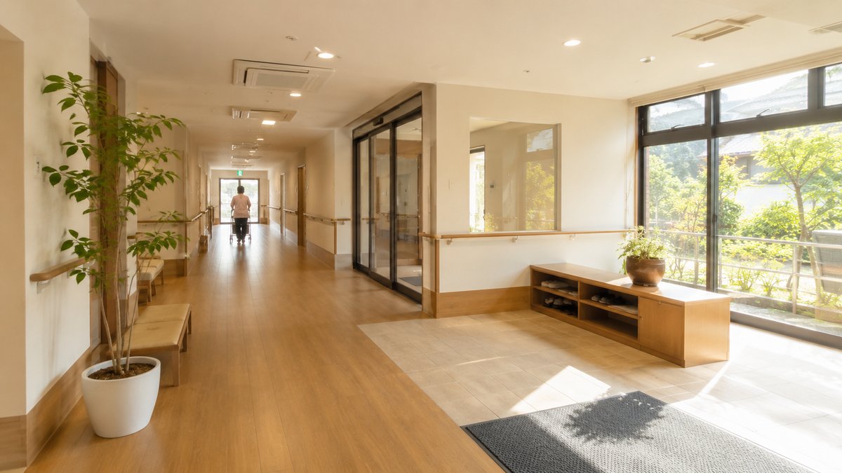 入居を検討する明るい老人ホーム・介護施設の廊下