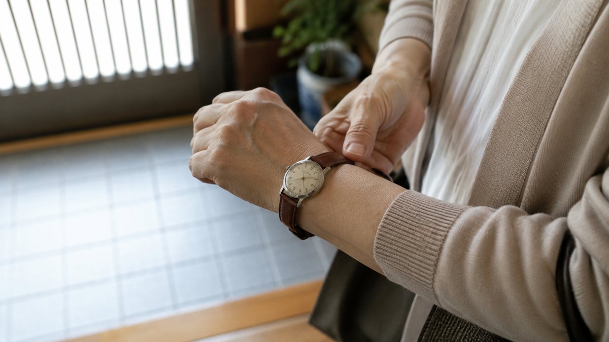 玄関で、ベルトを替えた形見の腕時計を自分の手首に着ける女性の手元