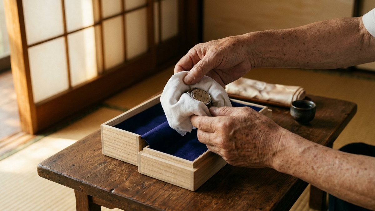 桐の小箱に布で包んだ形見の腕時計をそっとしまう手元