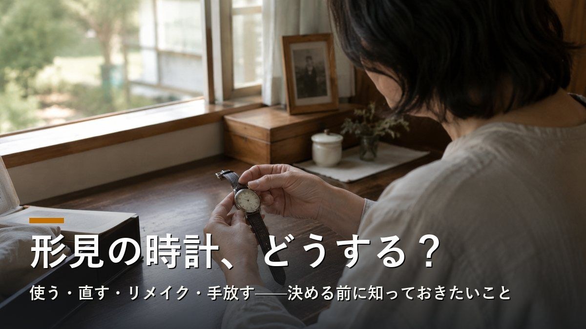 窓辺の机で、父の形見の腕時計を両手で持って見つめる女性の後ろ姿