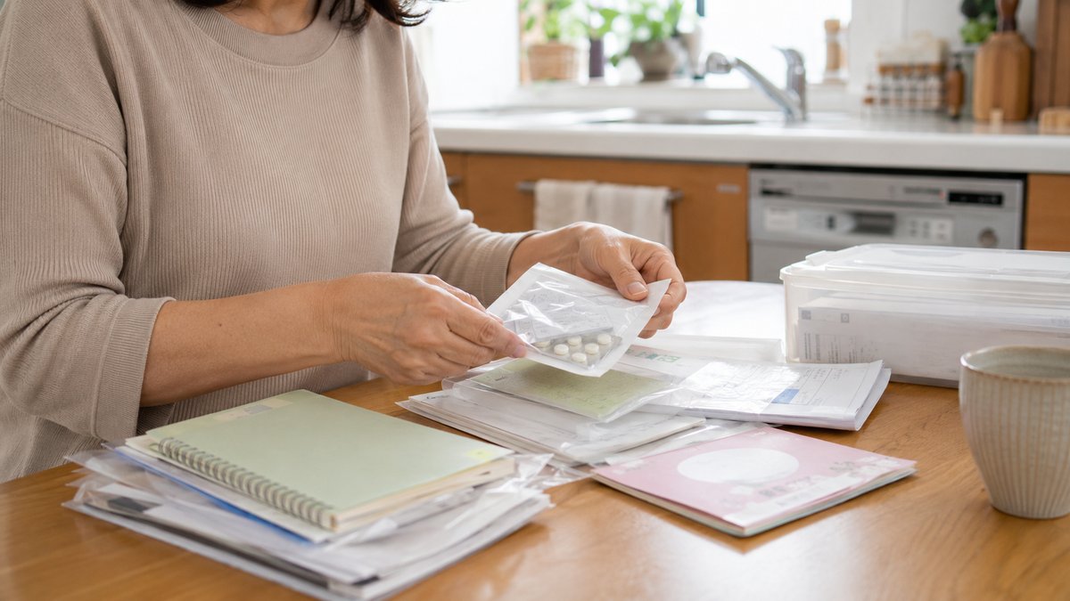 高齢の親の薬や書類を一人で整理する介護者の手元
